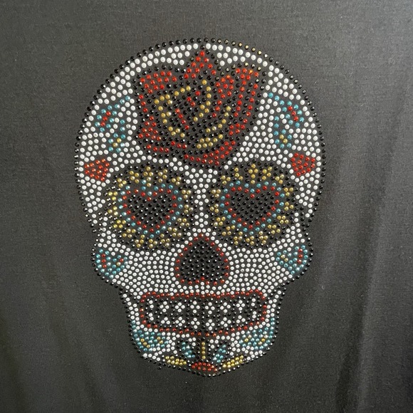 One World Top Size L  Black Goth Floral Rhinestone Studded Skull Whimsical - Picture 5 of 12